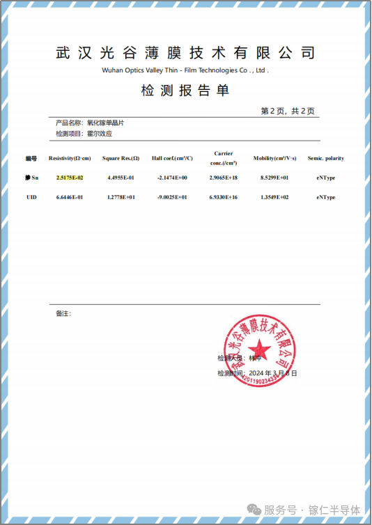 图片2光谷薄膜为镓仁半导体氧化镓单晶衬底出具的检测报告